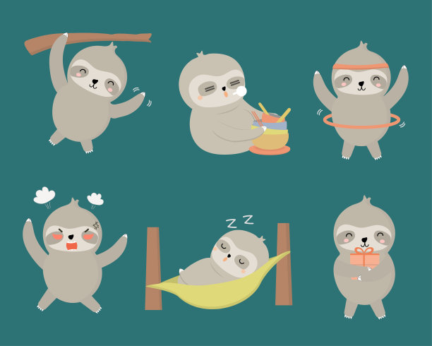 树懒各种职业和情绪的动物角色，如挂、吃、运动、生气、睡觉。图片下载