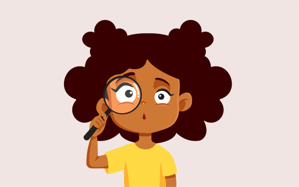 可爱的女孩拿着放大镜仔细看矢量卡通图片下载