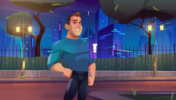 运动员，强壮的男人在夜晚的城市街道上图片下载