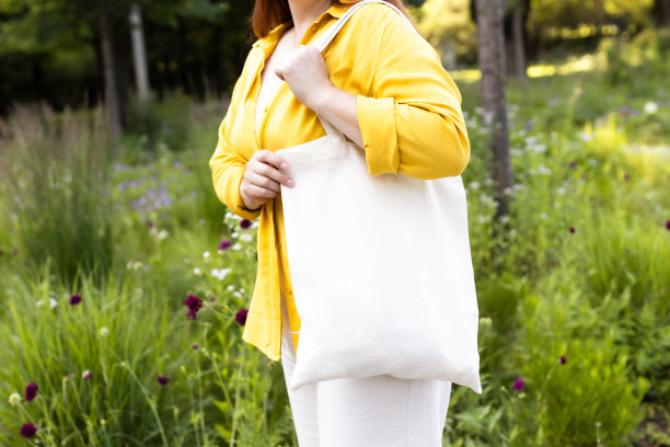 手里拿着白色棉袋的女人。模型和零浪费的概念。生态自然友好型风格。环保回收模型。没有脸图片下载