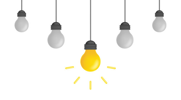 灯的想法。3d灯泡图标，创新，教育和创造性的解决方案。智慧、灵感和发明的概念。黄色灯泡代表创造力和动力。向量图片下载