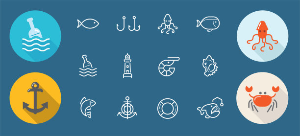 Vector Sea Food Elements和Sea Signs插图的集合可以作为优质图标使用图片下载