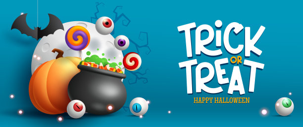 万圣节庆祝矢量背景设计。恶作剧或对待文字与眼球，南瓜和糖果在锅元素万圣节夜装饰。图片下载