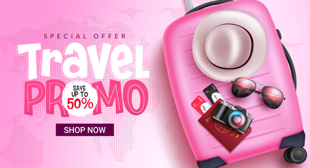 旅游推广矢量横幅设计。旅游促销文字在特别价格折扣优惠与行李袋和旅游元素的旅行和旅游销售。图片下载