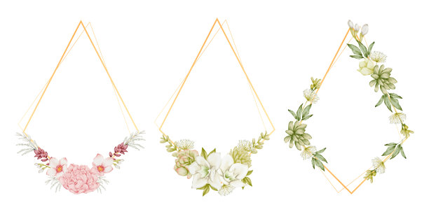 花的花圈。一套植物框架水彩花束花。图片下载