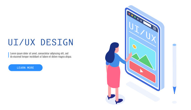 具有角色和文本位置的UX / UI设计概念。在设计项目上工作的女人。网页横幅。矢量插图。“n图片下载