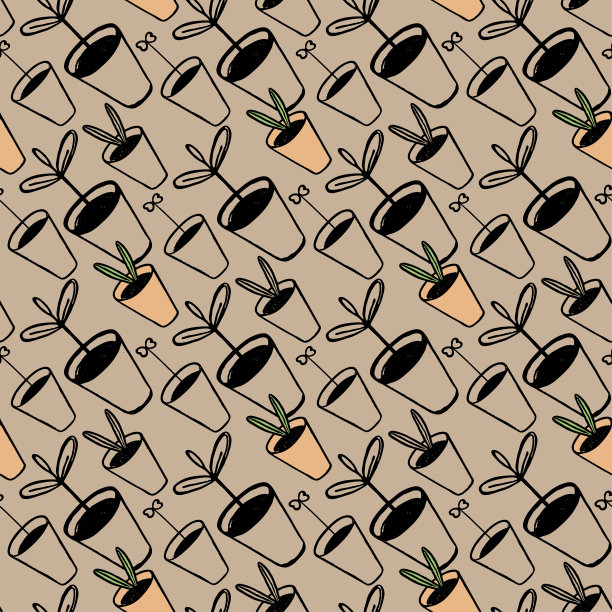 花盆里的嫩枝。向量无缝模式。涂鸦风格，手绘，强迫植物，花盆里的幼苗。浅棕色背景上孤立的黑色轮廓画，园艺主题，春天。图片下载