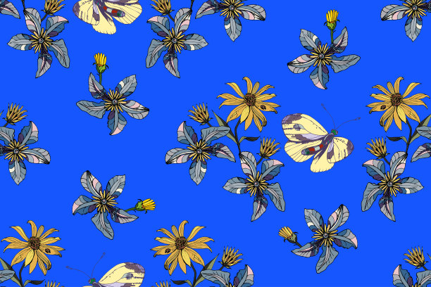 矢量无缝花卉图案与铁线莲花和黄色洋蓟花和黄色蝴蝶在明亮的蓝色背景。用于纺织品、墙纸、包装纸的装饰印花。图片下载