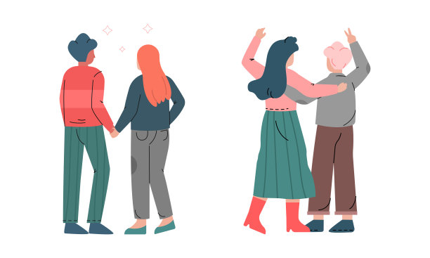 幸福浪漫的夫妇牵着手，拥抱后视图矢量插图集图片下载