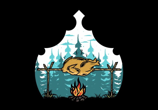 烤鸡篝火插图设计图片下载