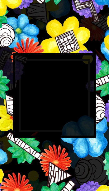 水彩垂直模板，彩色花园的花朵和几何，在黑色的背景上为您的设计，手绘插图图片下载