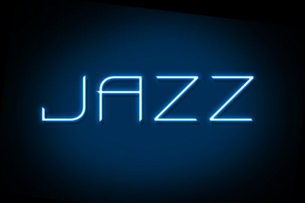 爵士乐。黑色背景上孤立的霓虹灯铭文。音乐。在音乐风格。封面。设计元素。图片下载