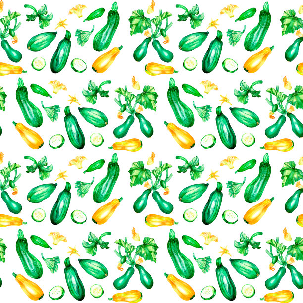 各种绿色和黄色西葫芦水彩插图无缝图案图片下载