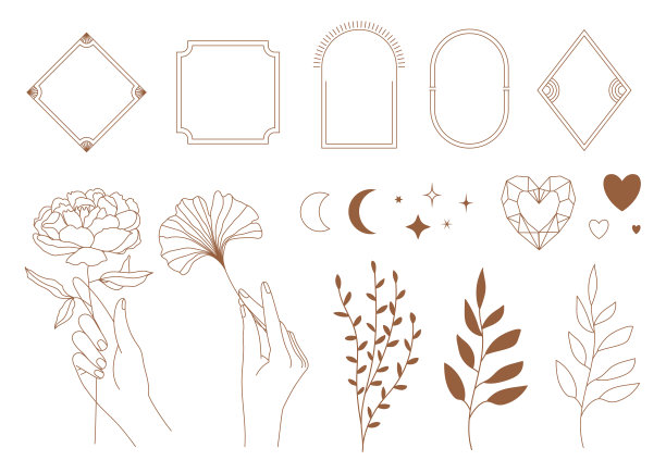 最小波西米亚线性符号的集合。天体的概念。框架，拱门，手，花卉，太阳，星星和月亮元素。图片下载