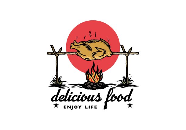 烤鸡篝火插图设计图片下载
