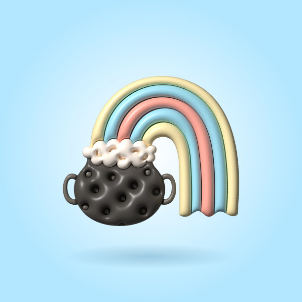 卡通魔法坩埚与泡沫和彩虹，体积充气3D插图。图片下载