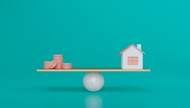 3D渲染投资概念。硬币和房子木板混凝土。平衡的概念。极简主义的概念。图片下载