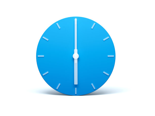 蓝色墙壁时钟在孤立的白色背景与阴影3d插图。6点钟图片下载
