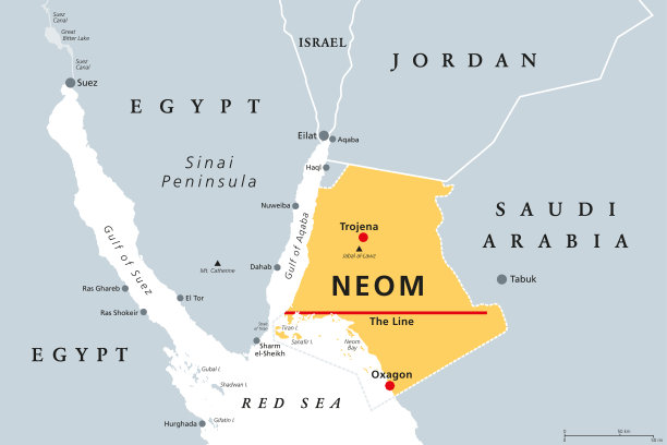 Neom，沙特阿拉伯的超大城市项目，灰色的政治地图图片下载