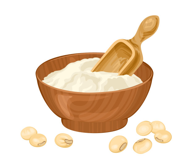 大豆粉在碗里，用勺子和豆子。矢量插图在卡通平面风格。图片下载
