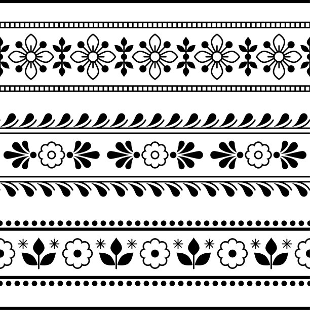 斯堪的纳维亚花卉纺织品或织物打印矢量无缝图案与花朵，北欧民间艺术复古风格点缀在黑色和白色图片下载