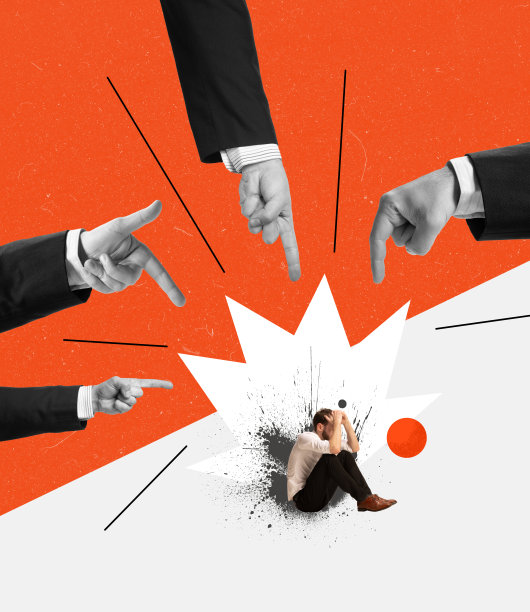 当代艺术拼贴。概念性的形象与沮丧，绝望的员工遭受社会压力。许多双手指向图片下载