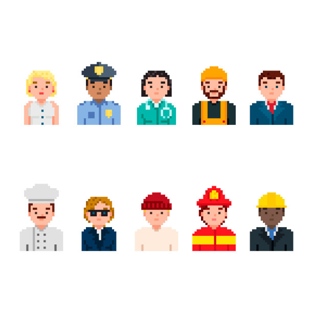 像素艺术角色化身设置。专业像素艺术人孤立设计。警察，医生，商人，厨师，消防员，建筑工人等。8位艺术。图片下载