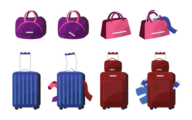 破碎的袋子和手提箱与衣服矢量插图设置图片下载