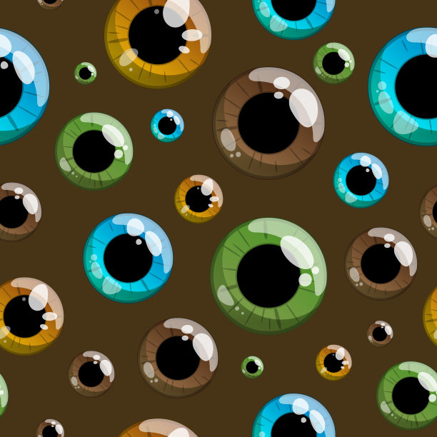 图案在深棕色的背景上多色的眼睛，无缝的插图。图片下载