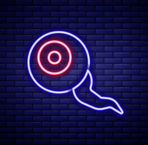 发光的霓虹灯线眼睛图标孤立在砖墙上图片下载