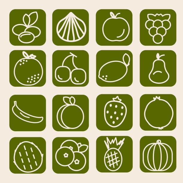 水果图标设置，矢量插图。水果的轮廓，现代的米色和绿色。健康饮食的概念。图片下载