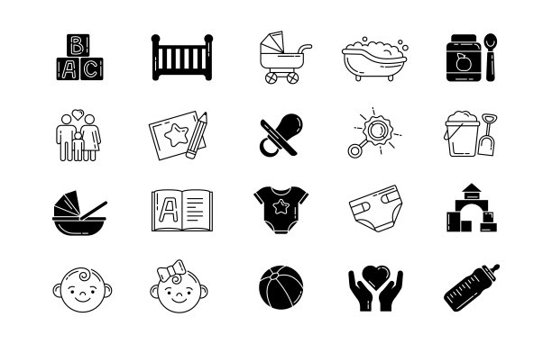 婴儿护理图标。怀孕和母性的象征。新生的男孩和女孩。儿童玩具。床上或马车。娃娃和喋喋不休。线条或剪影标志。幸福的家庭。向量组象形图图片下载