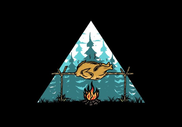 烤鸡篝火插图设计图片下载