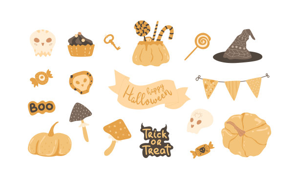 万圣节的剪纸艺术。饼干，点心，派对装饰，有字母的丝带，旗帜，有糖果的坩埚，棒棒糖，单独的南瓜，神奇的蘑菇，女巫帽，头骨，钥匙。图片下载