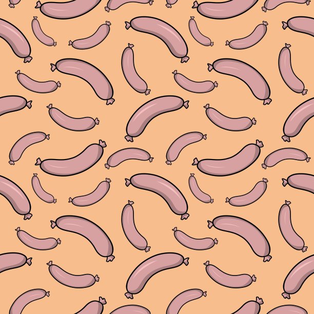 食品印花，粉红色美味多汁的香肠在米色背景，无缝的图案图片下载