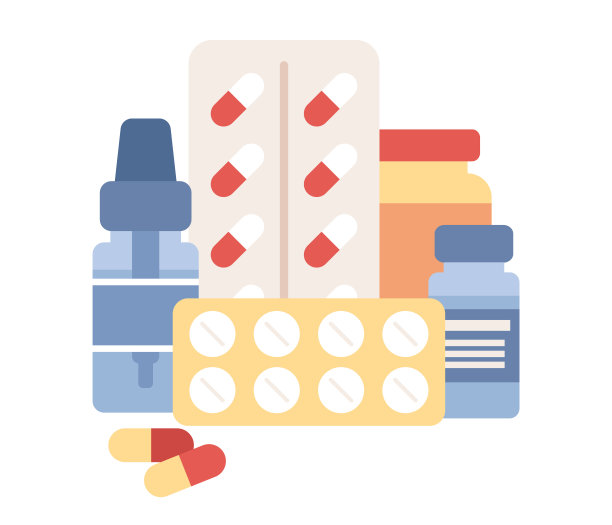 网上药店的概念。药品、医疗用品、瓶子、液体和药丸。药品箱。矢量平面插图图片下载