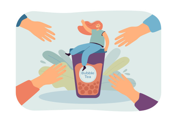 女孩坐在一杯奶茶平面矢量插图图片下载