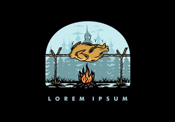 烤鸡篝火插图设计图片下载