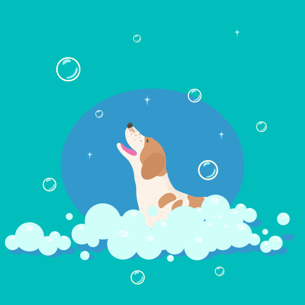 卡通风格的狗在肥皂泡沫和泡沫图片下载