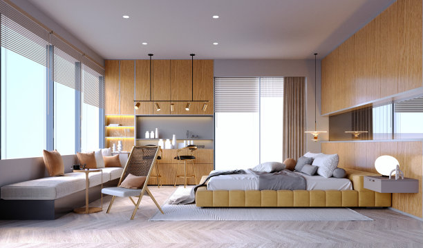 3d渲染，3d插图，室内场景和模型，卧室内墙模型和酒吧柜台。图片下载