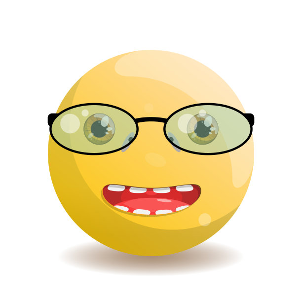 Emoji表情，大大的微笑嘴，金色的眼睛，黑色边框的椭圆形眼镜和绿色的玻璃。图片下载