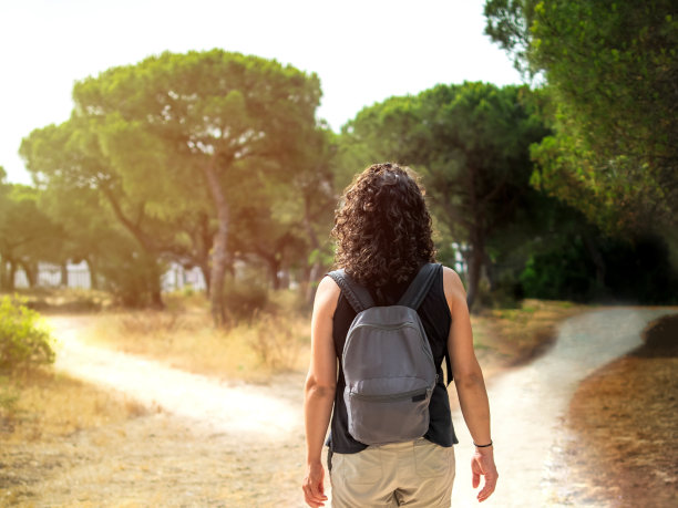 女人在森林中选择光明的路或黑暗的路。生活中的决策概念。图片下载