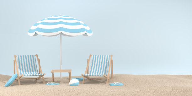 夏天的美学背景。沙滩椅，充气环，球，太阳伞，彩色人字拖。图片下载