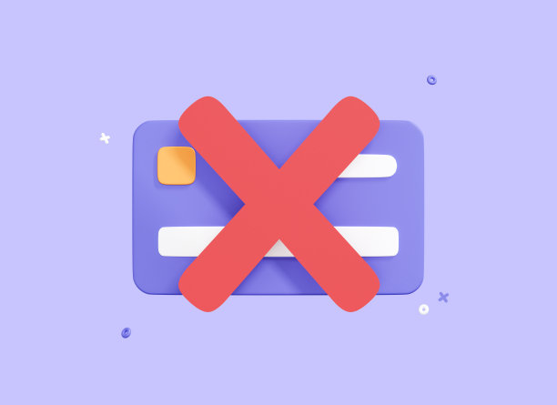 3D拒绝支付信用卡。取消付款的概念。错误和红色叉号。卡不接受。封锁帐户。没有支付。紫色背景上孤立的卡通插图。三维渲染图片下载