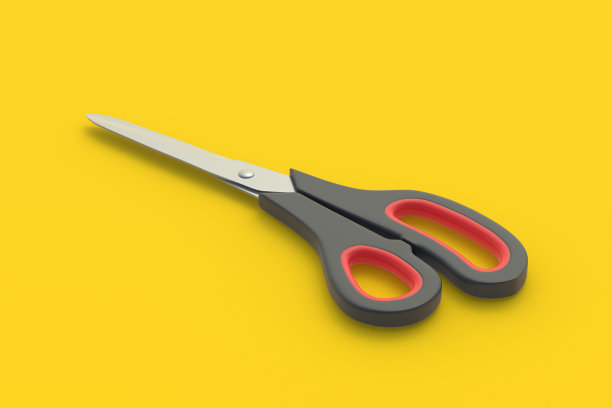 闭合剪刀在黄色背景。理发师设备。文具配件。学前教育。三维渲染图片下载