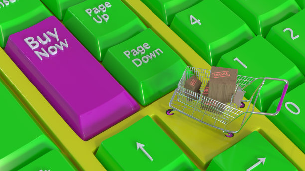 网上购物配送服务理念。购物车里的棕色纸盒，笔记本电脑键盘放在办公室背景的木桌子上。简单的购物。三维渲染图片下载