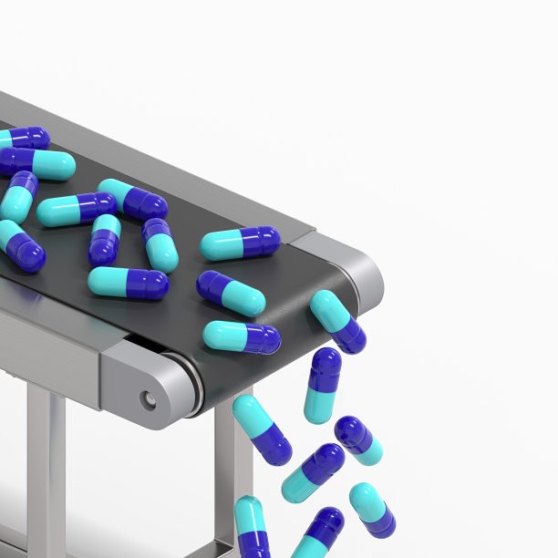 医疗胶囊在流水线上运行。毒品的生产3 d渲染。图片下载
