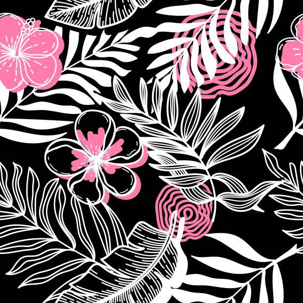 草图风格手绘抽象热带元素的无缝图案。单色带红点。明亮的条纹花，棕榈叶和叶子。热带地区。夏天。Strelicia。孤立的向量。图片下载