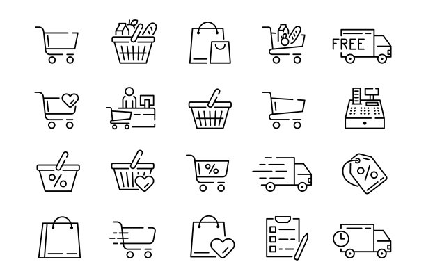 超市商店图标。购物行象形图。商店的电车。车和篮子。购买包。收银员和商人。折扣价格。免费送货的卡车。矢量轮廓符号设置图片下载