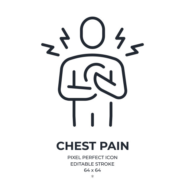 胸痛和心脏病发作概念可编辑笔触轮廓图标，隔离在白色背景上的平面矢量图。像素完美。64 x 64。图片下载